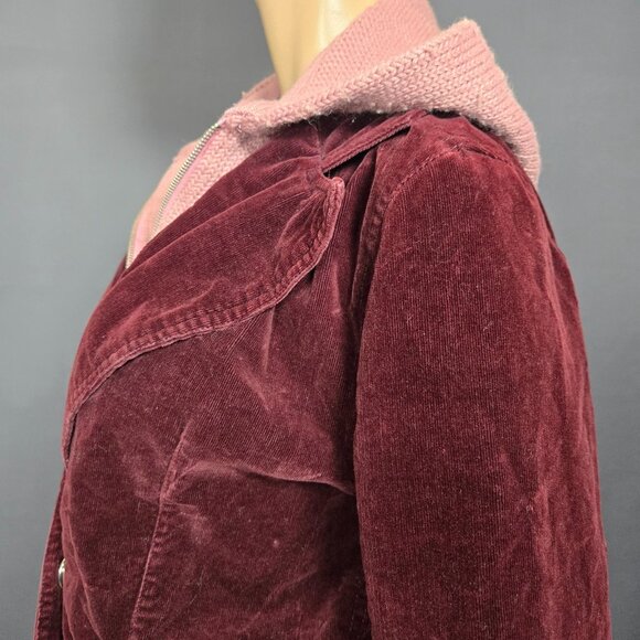 Y2K Lady Dutch Fitted Jacket Coat Size L Burgundy Corduroy Pink Knit Hooded - Picture 8 of 16